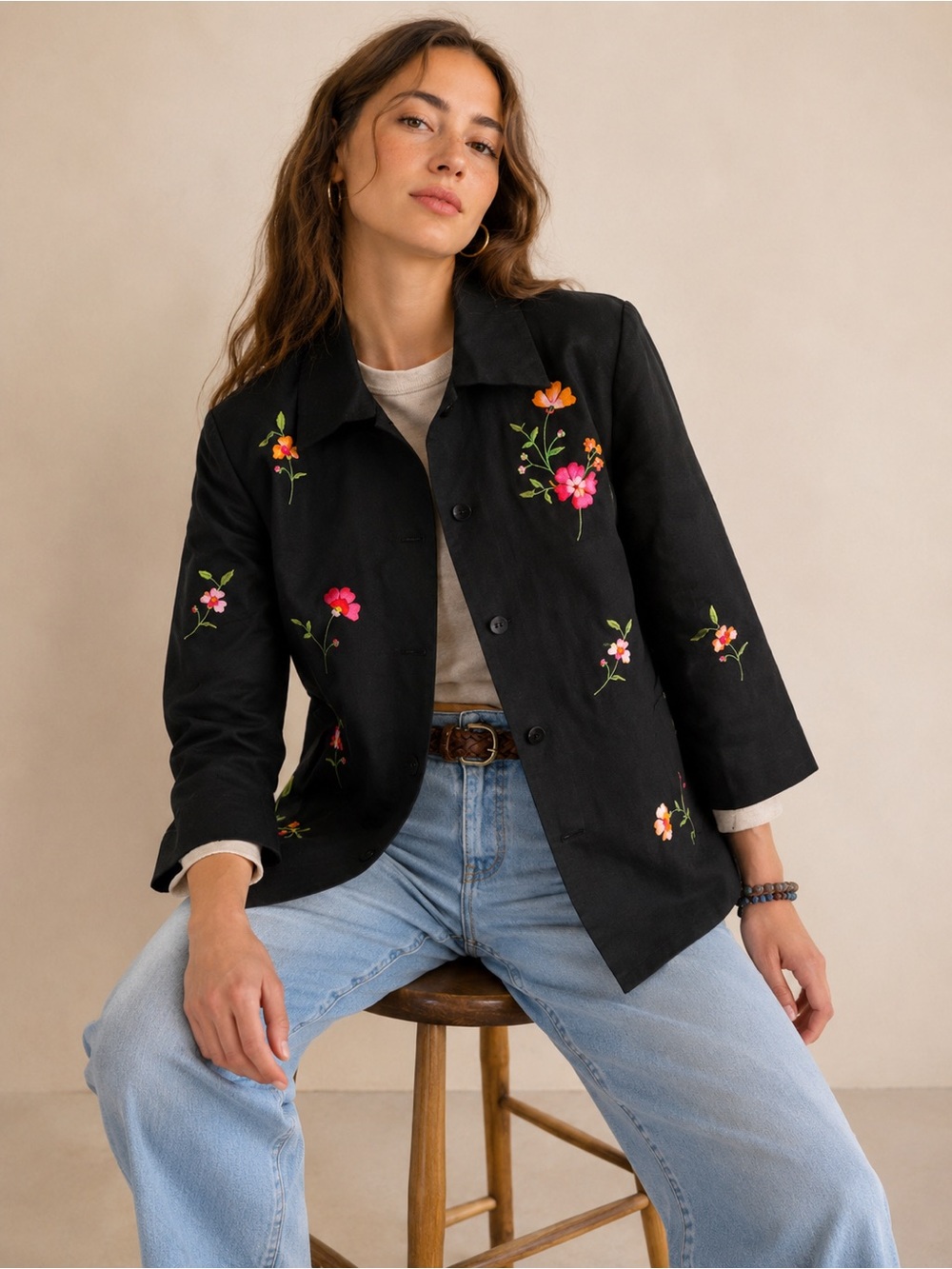 Vtg SilkLand Black Silk Multicolor Floral Embroidery Button Down Lined Blazer